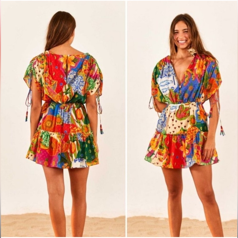 Farm Rio Sunny Mix Mini Dress Floral Colorful Tiered Bohemian Size Small New - Picture 2 of 4